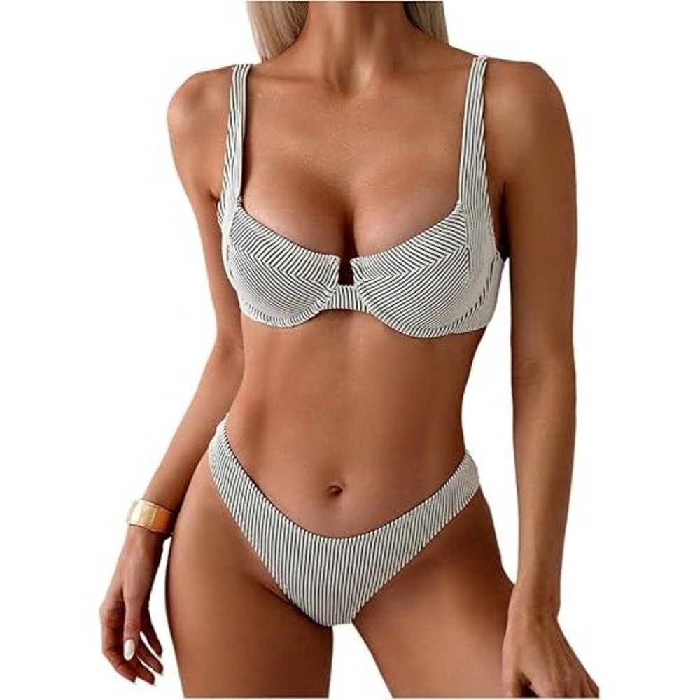 MSRP $39 SweatyRocks Women's L Black/White Two Piece Bikini Set Striped Print